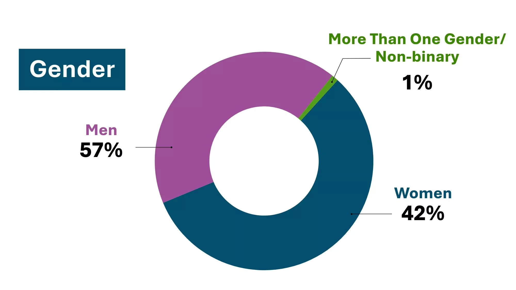 The pie chart breaks down who was experiencing homelessness by gender. Men: 57%, Women: 42%, More Than One Gender/Non-binary: 1%.