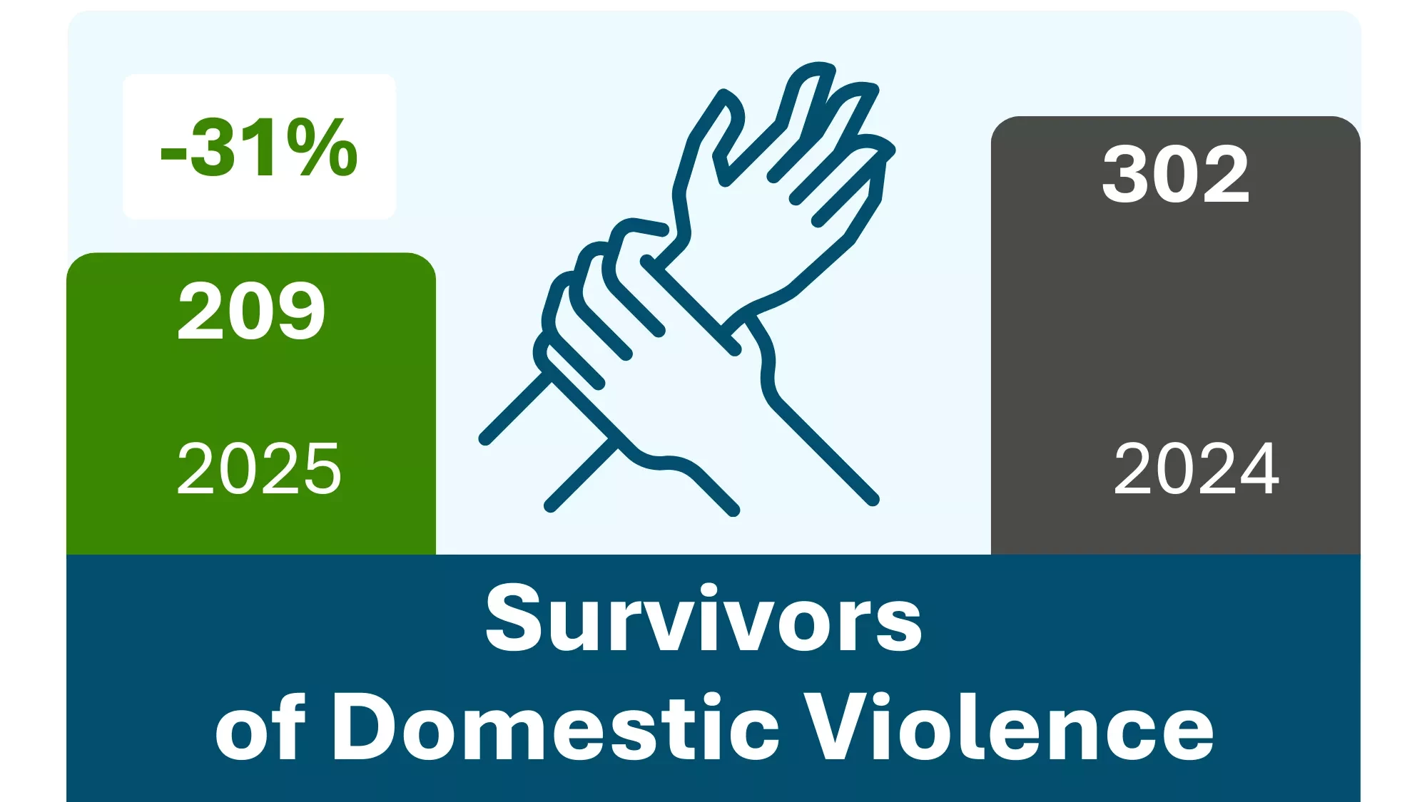 Bar chart representing individuals who survived domestic violence, counted in 2025 and 2024. In 2024: 302. In 2025, there was a 31% decrease to 209.