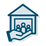 Icon of a hand holding a shelter with people inside